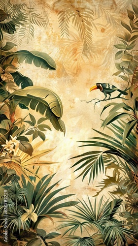 Modern wallpaper. Watercolor jungle illustration. Crane bird elements, watercolor painting wallpaper. Mural wallpaper. AI generated illustration © Or