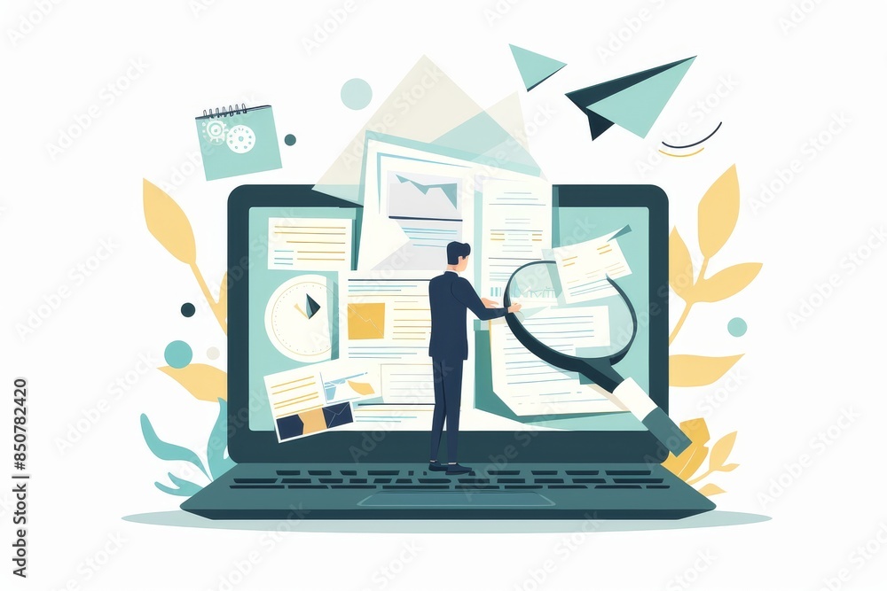 A businessman with magnifying glass searches for a file in a folder computer laptop. Computer data backup or virus scanning concept, online cloud storage or search for files concept. A businessman with magnifying glass searches for a file in a folder computer laptop. Computer data backup or virus scanning concept, online cloud storage or search for files concept.