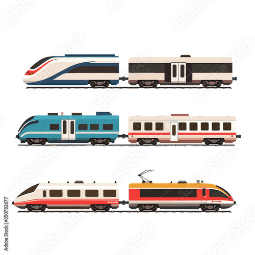 Vector flat style train set, modern highspeed trains and travel carriages isolated
