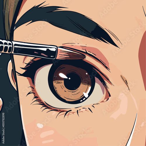 A cartoon illustration shows a woman applying eyeshadow to her left upper eyelid