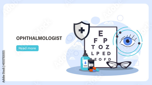 Ophthalmologist doctor poster. Letters for vision test, hands and eye drops. Health care and medicine, treatment. Landing webpage design. Cartoon flat vector illustration isolated on blue background