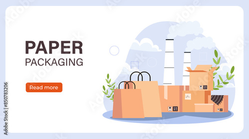 Paper packaging poster. Packages made from environmentally friendly materials near dirty factory. Reducing emission of hazardous waste. Landing webpage design. Cartoon flat vector illustration