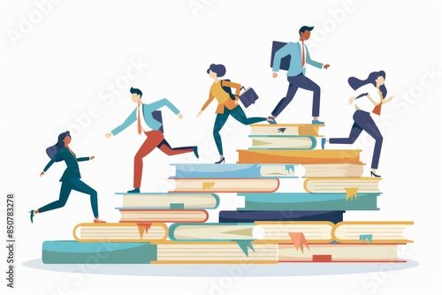 The application of knowledge or education to business success; wisdom or learning to help employees succeed; training or education course concept; people running on a growth book stack in order to