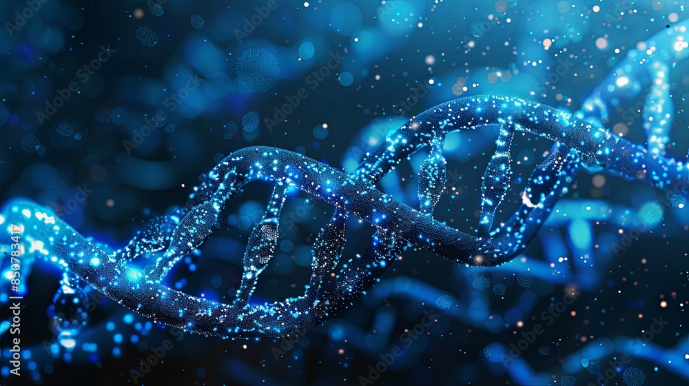 Twinkling blue lights create the illusion of a DNA double helix in a dark abstract background Twinkling blue lights create the illusion of a DNA double helix in a dark abstract background