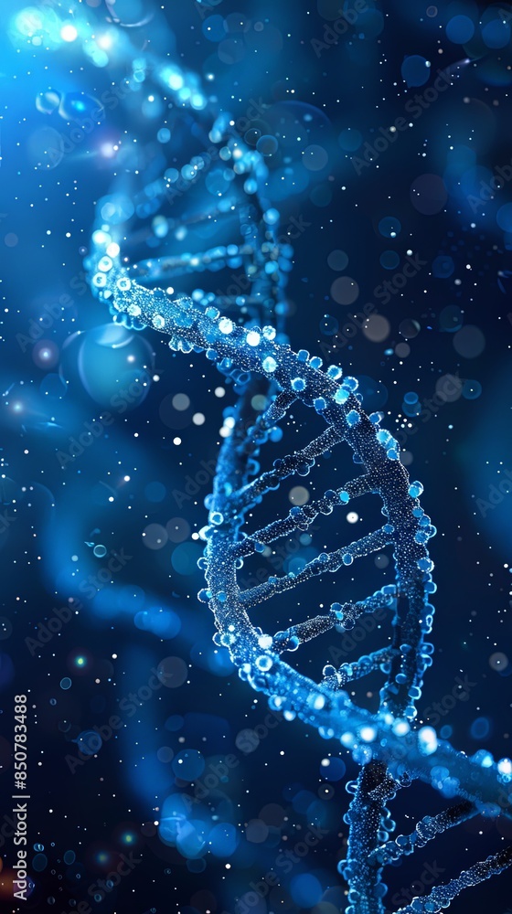 This vertical image features a lit DNA strand with overarching blue hues and enhanced details This vertical image features a lit DNA strand with overarching blue hues and enhanced details