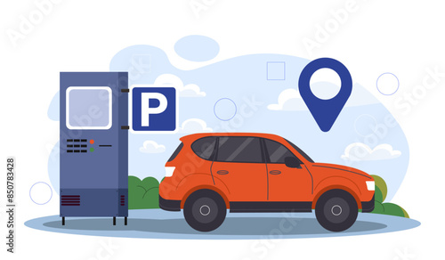 Parking lot concept. Red car near parking space. City infrastructure near shopping mall or business center. Place for transport. Cartoon flat vector illustration isolated on white background