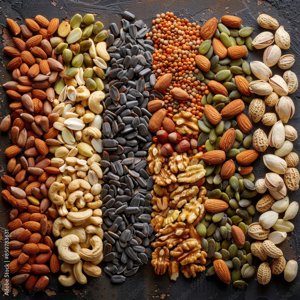 Obraz premium A variety of nuts and seeds are displayed in a row