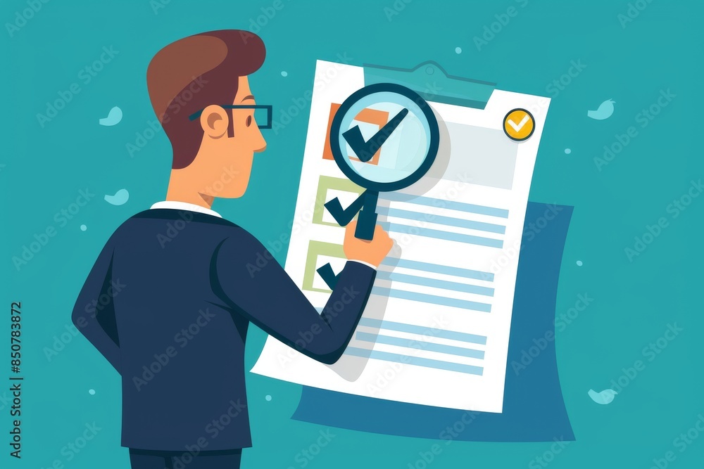 Document review or inspection, legal audit or report, quality assurance, information research, investigate, proof or check a concept, businessman inspects document with magnifier. Document review or inspection, legal audit or report, quality assurance, information research, investigate, proof or check a concept, businessman inspects document with magnifier.