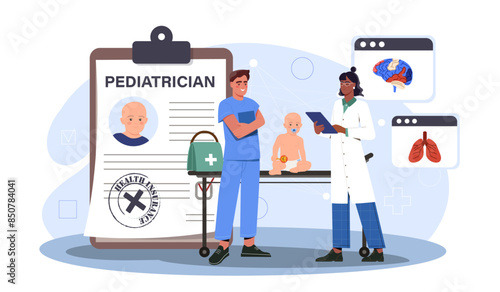 Pediatrician with kid. Woman in medical uniform interviews babys father. Health care, diagnosis and treatment. Research of toddler. Cartoon flat vector illustration isolated on white background