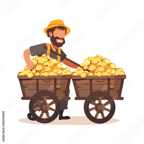 cartoon smiling farmer with wooden cart full of gold coins, simple flat vector illustration