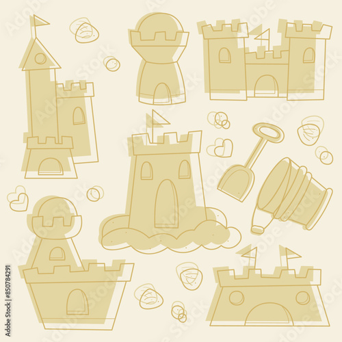 Set with sand castles. Doodles clip art in pastel colors.