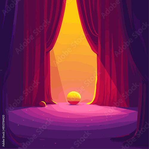 orange ball on a purple stage with red curtains