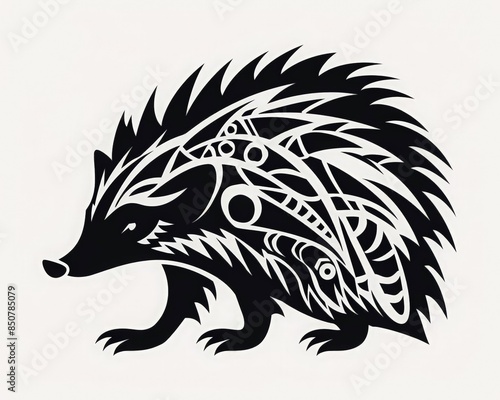 Black hedgehog silhouette with graphic pattern. Wild animals themed tattoo design. Print for clothes. stylized shape silhouette hedgehog logo. photo