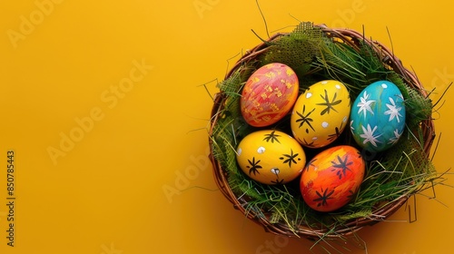 Six monophonic painted Easter eggs in a basket on a yellow background with green grass Concept of celebrating Easter with space for text Top view of eggs in the image photo