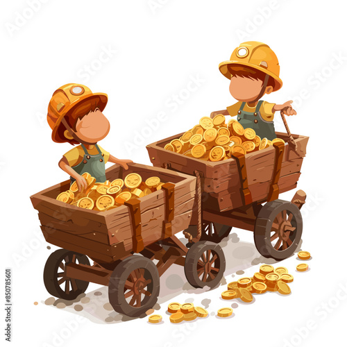 a smiling man with beard and yellow hat pushing two wooden carts full of gold coins