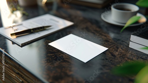 Blank white card mockup on a wooden desk with coffee, pen, and plant.