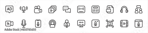 Set of podcast icons. 20 sets of podcast icons. Podcast icons. Simple line style podcast icons	