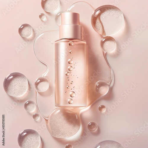 cosmetical product photoswith water drops, professional light, beige and dusty rose colors
