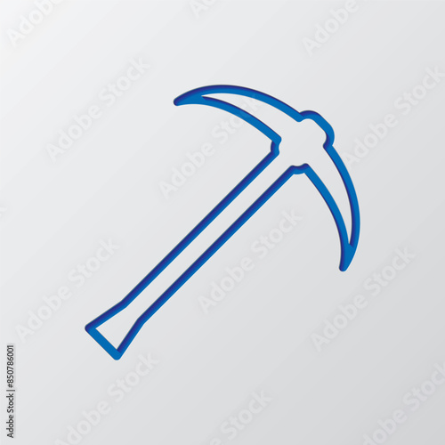 Pickaxe simple icon. Flat design. Paper cut design. Cutted blue symbol with shadow. Gray background