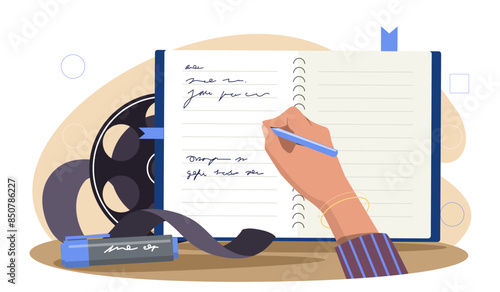 Screenwriter with diary concept. Woman writing script for film. Creative person with series or movie production. Cinema industry. Cartoon flat vector illustration isolated on white background