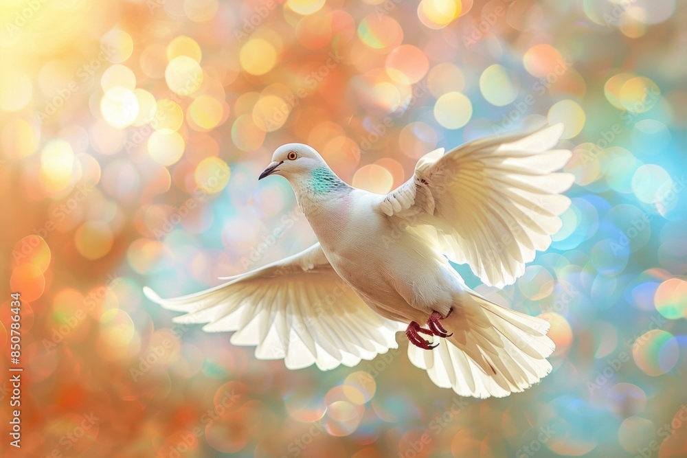 Fototapeta premium Serene white dove spreads its wings midflight against a vibrant, bokehlit backdrop