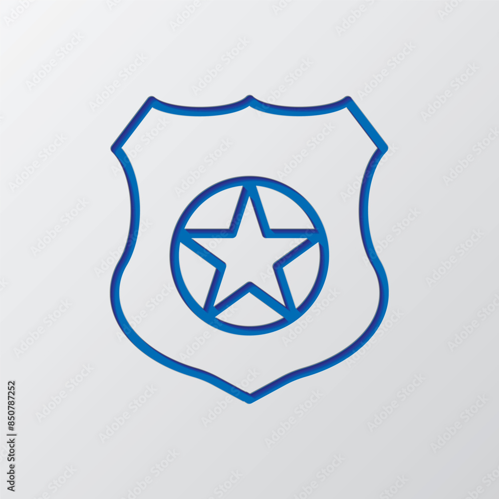 Police badge simple icon. Flat design. Paper cut design. Cutted blue symbol with shadow. Gray background Police badge simple icon. Flat design. Paper cut design. Cutted blue symbol with shadow. Gray background