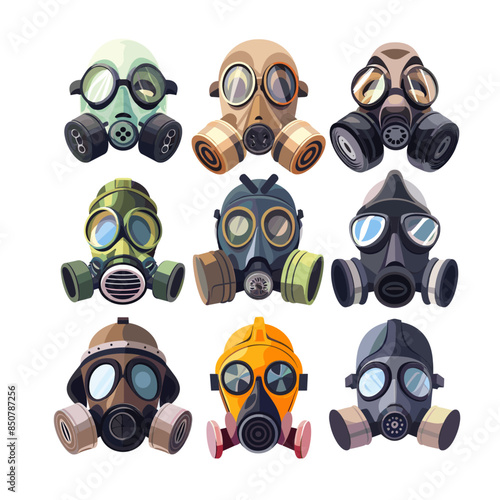cartoon gas masks set vector illustration on white background, detailed character illustrations