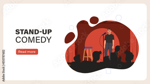 Standup comedy poster. Man with microphone stands on stage and jokes. Comedian telling jokes from scene. Landing webpage design. Cartoon flat vector illustration isolated on white background
