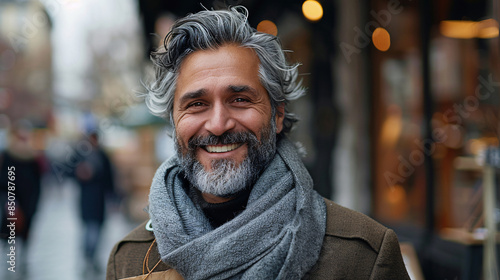 A man with a beard and gray hair is smiling and wearing a scarf