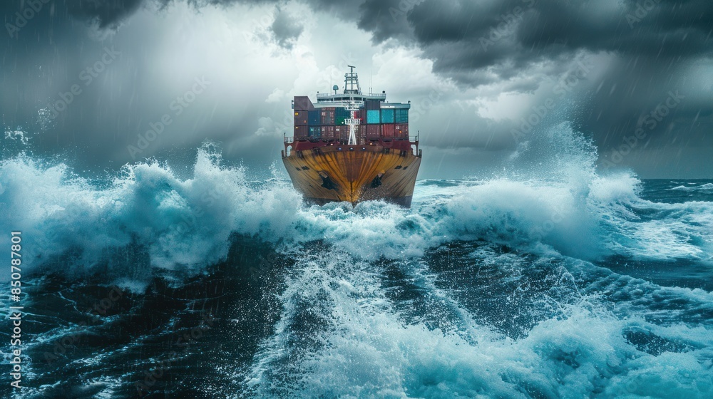 Large cargo ships carry many containers. Running in the middle of a fast sea with water splashing Large cargo ships carry many containers. Running in the middle of a fast sea with water splashing