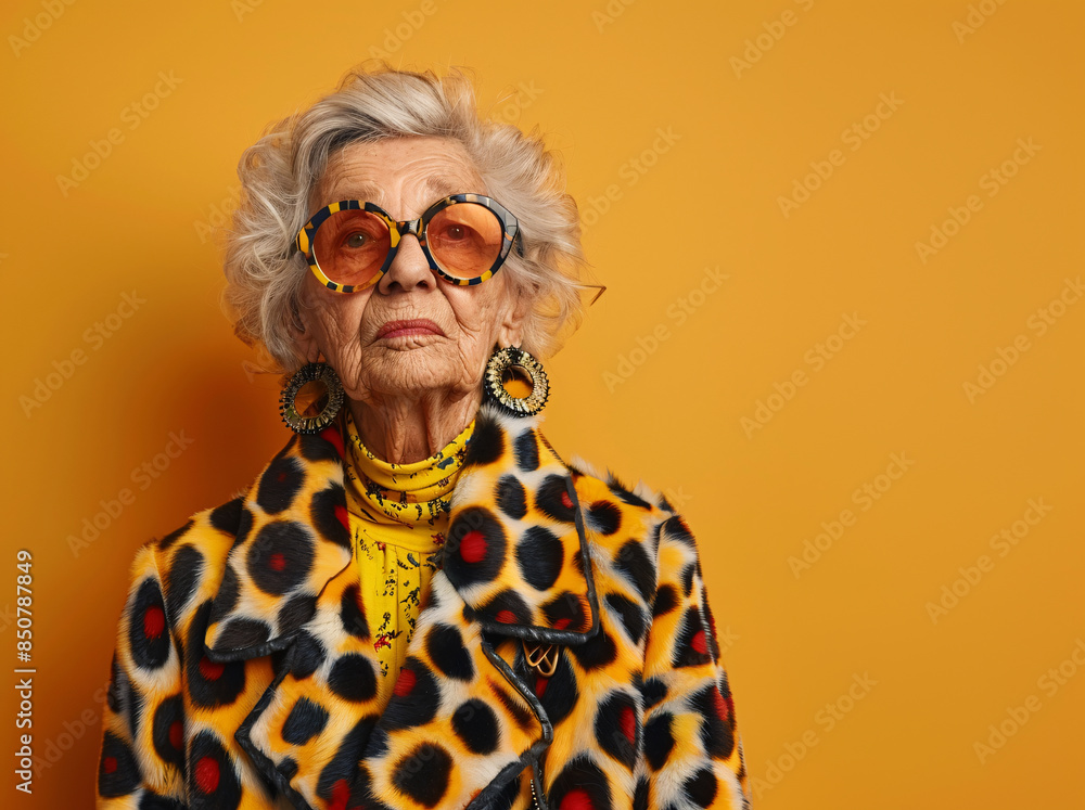 A woman in a yellow and black leopard print jacket and sunglasses A woman in a yellow and black leopard print jacket and sunglasses