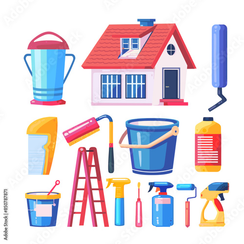house painting and home decor tools, paint bucket, roller brush, ladder, sprayer bottle vector