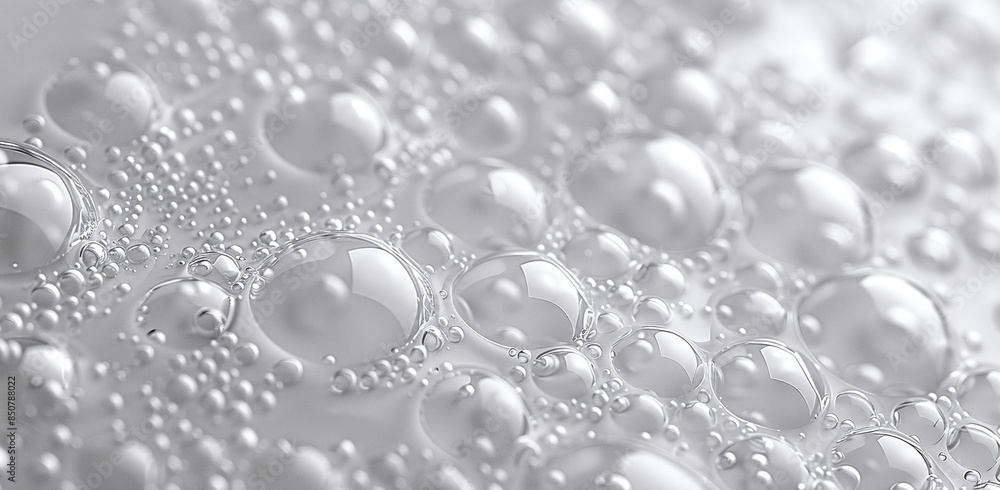 Close-up of white transparent drops liquid bubbles molecules. Water detergent bubbles foam macro liquid texture pattern Close-up of white transparent drops liquid bubbles molecules. Water detergent bubbles foam macro liquid texture pattern