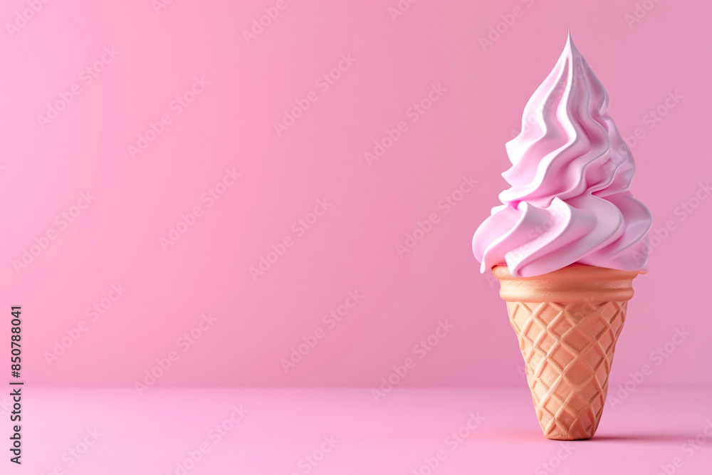 A pink ice cream cone with pink swirls on top A pink ice cream cone with pink swirls on top