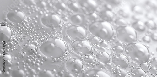 Close-up of white transparent drops liquid bubbles molecules. Water detergent bubbles foam macro liquid texture pattern