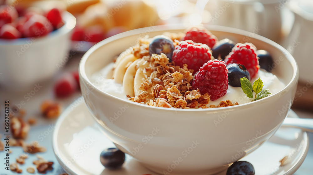 Fresh fruit and yogurt breakfast bowl with granola and berries Fresh fruit and yogurt breakfast bowl with granola and berries