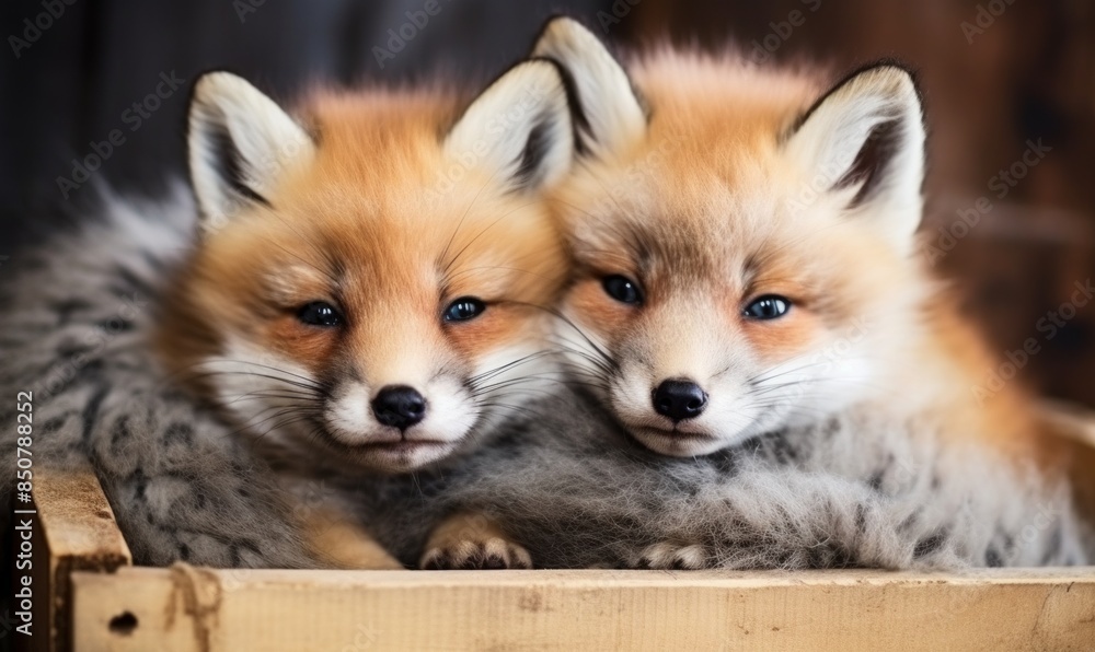 Fototapeta premium Adorable fox cub peeking from a wooden box, perfect for wildlife promotions, animal-themed content, and children’s stories