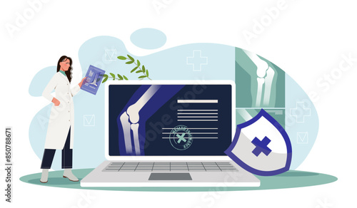Doctor traumatologist concept. Woman in medical uniform analyzes Xray. Doctor treats knee pain, problems with joints and ligaments. Healthcare and medicine. Cartoon flat vector illustration