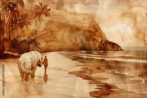 Couple Walking on Beach with Giant Dog Gen AI