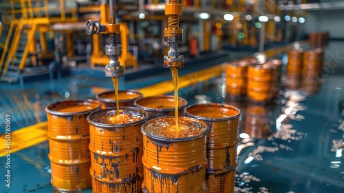 Closeup of crude oil barrels, industrial machinery in the background, focus on the oil supply chain