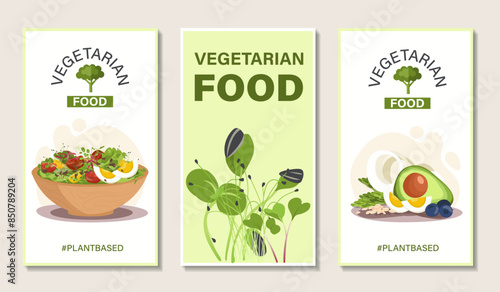 Vegetarian food posters set. Healthy eating with vitamins. Proper diet and nutrition. Salad with vegetables, avocado and eggs. Cartoon flat vector collection isolated on grey background