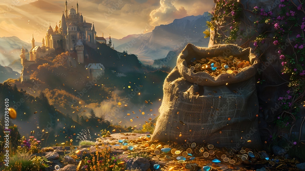 Obraz premium A Burlap sack filled with Gold Coins and Gems Surrounded by Vibrant Flowers, with an Ancient Castle on a Mountaintop and Golden Sunlight Illuminating the Background