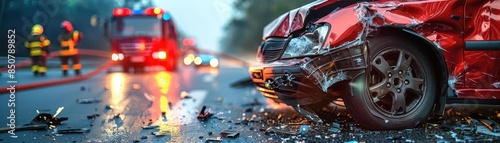 Wallpaper Mural Wreckage of a car accident on a highway, fire and rescue teams in action, chaotic and urgent Torontodigital.ca