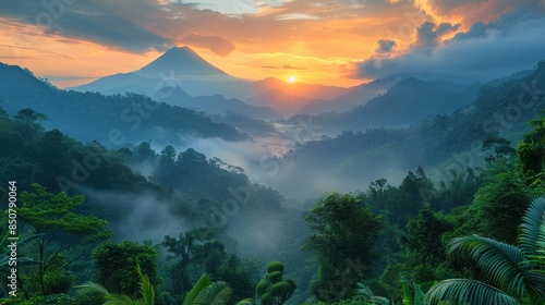 Misty Mountain Sunrise in a Lush Jungle