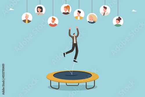 Finding new employees, matching candidates to job responsibilities, allocating resources, changing team structure, restructuring departments and positions, man on trampoline catching candidates.
