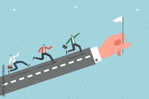 Leadership to achieve highest result, teamwork to find the right strategy and business prosperity, competitive fight to achieve business goals and win, men run up the arm like the road to the flag.