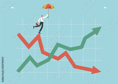 Hold positions during downturn in market activity, look into future to plan further actions, search for strategy for company operation during economic instability, man with umbrella on arrows on graph