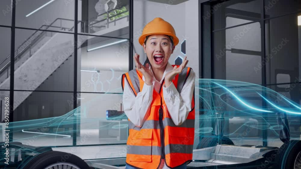 Asian Female Engineer With Safety Helmet Smiling To Camera And Saying Wow While Standing With Concept of Electric Vehicle Asian Female Engineer With Safety Helmet Smiling To Camera And Saying Wow While Standing With Concept of Electric Vehicle