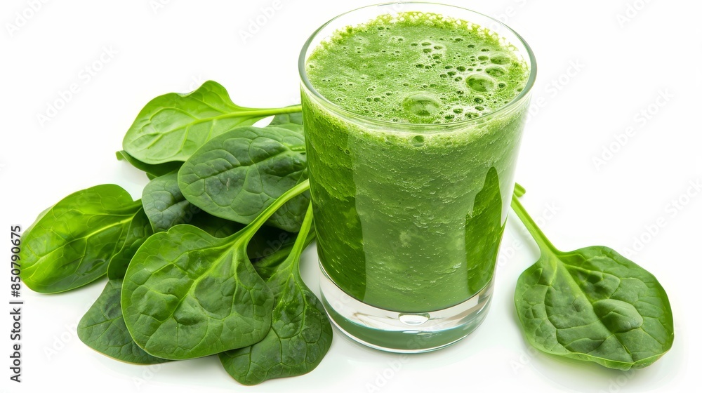 Fresh Spinach Smoothie in Glass with Leaves on White Background Fresh Spinach Smoothie in Glass with Leaves on White Background