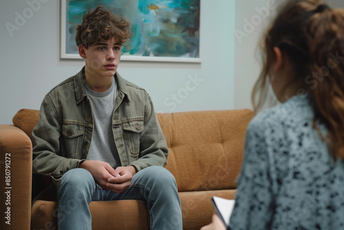 A young man in his early twenties sitting on a couch talking to a female therapist who holds a notebook to take notes